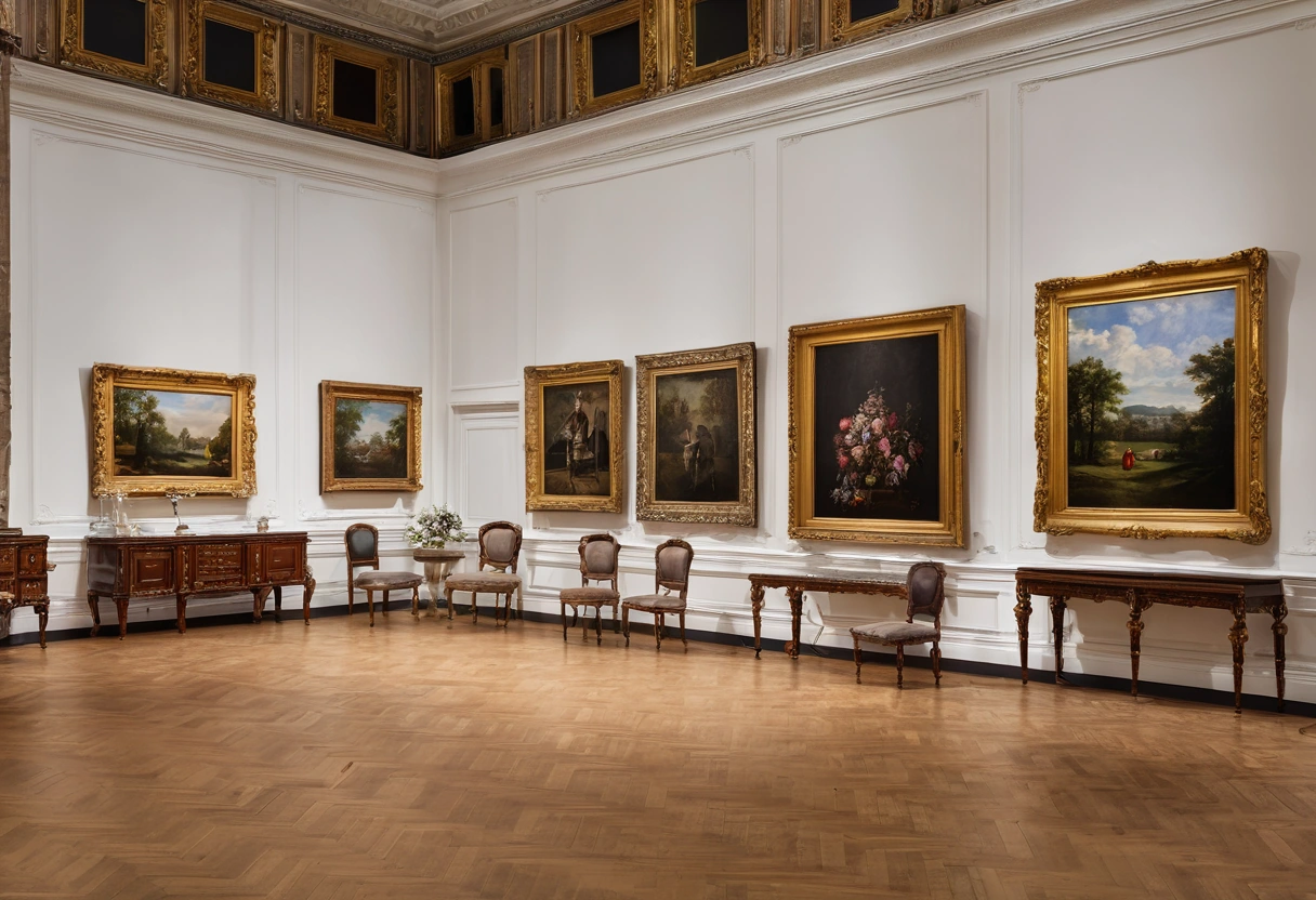 Art fair hall with classic furniture stands